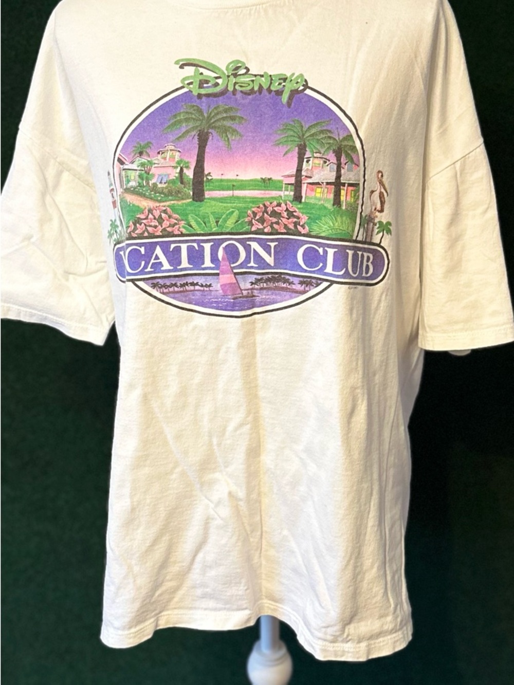 Vintage Disney White Tee with Purple & Green Vacation Club Graphic